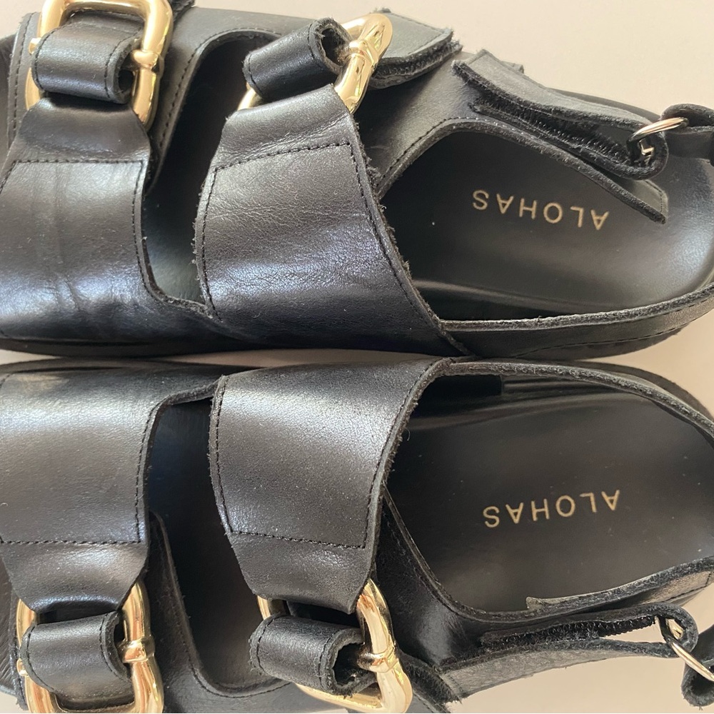 ALOHAS Black Leather Double-Buckle Sandals with Gold Hardware - Picture 3 of 4